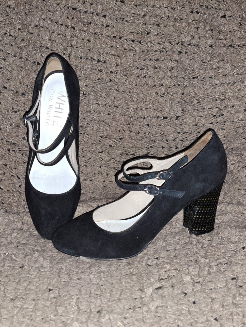 RON WHITE-CARLEE-Black Suede DBL Strap Mary Janes-Deco Heel-Sz 7.5-Excellent